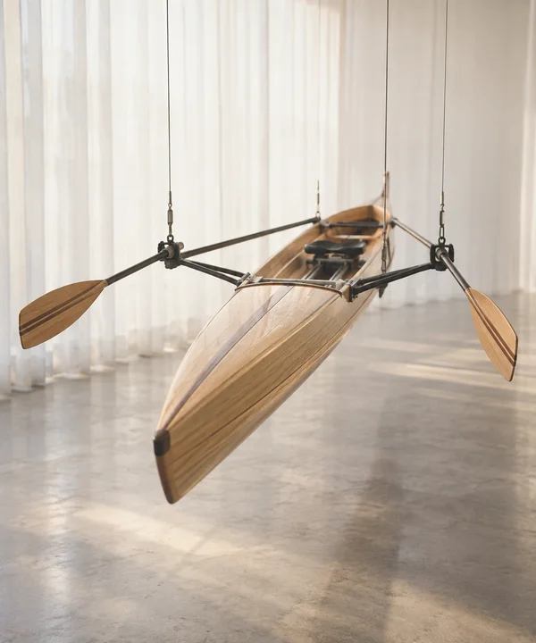 A wooden single-seat rowing shell hangs above a concrete floor in a bright studio, viewed from its bow, with two dark riggers, a sliding seat, and a matching…