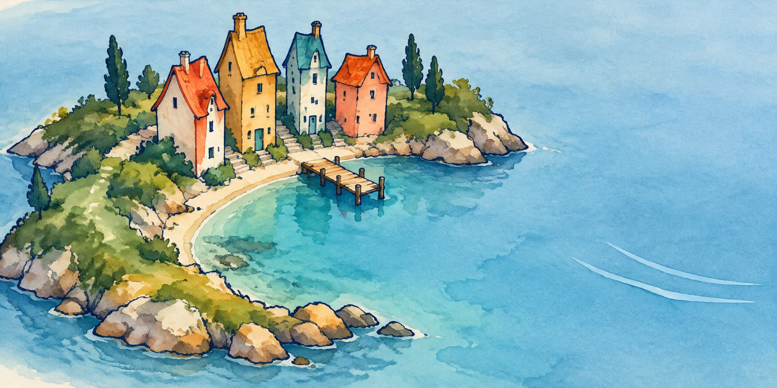 A cluster of four tall, colorful cottages sits among trees and rocks on a crescent-shaped island around a turquoise cove, with a short wooden landing and open…