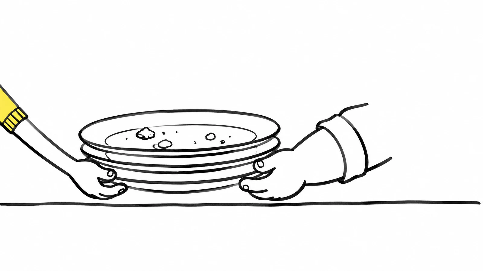 A pair of cropped arms support a stack of three used plates above a tabletop.