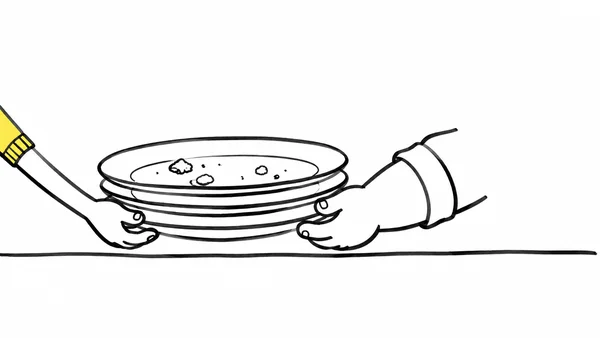 A pair of cropped arms support a stack of three used plates above a tabletop.