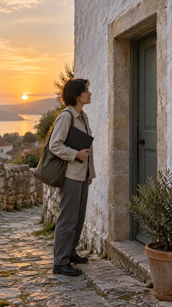 A full-length adult carrying a canvas shoulder bag and closed dark folder pauses beside a recessed doorway on a stone path, with a village and sunset visible…
