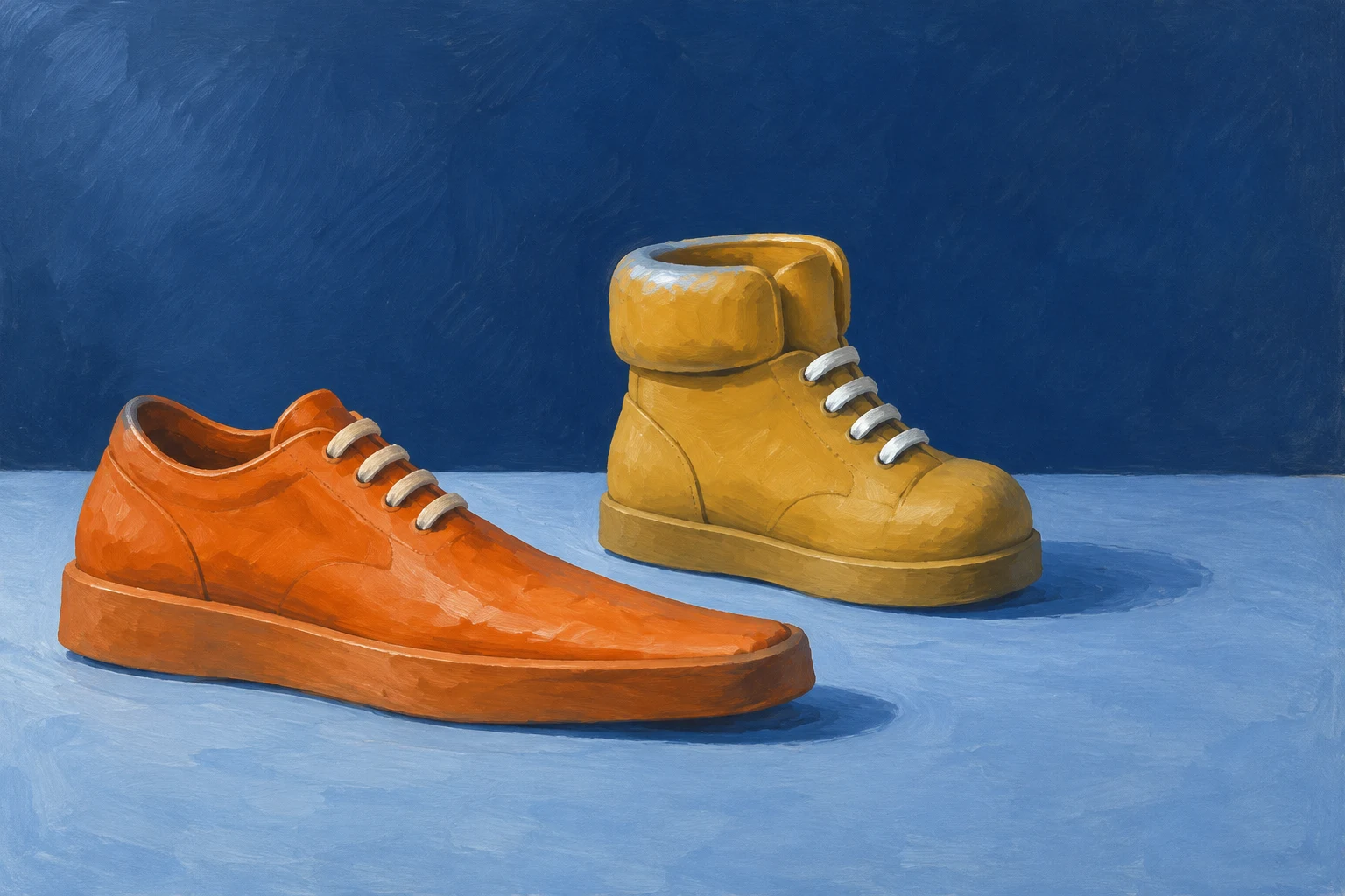 A pumpkin-orange low-top shoe with an elongated toe sits in front of a golden-ochre high-top with a large rounded ankle collar, both pointing right on a…