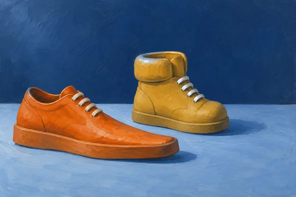 A pumpkin-orange low-top shoe with an elongated toe sits in front of a golden-ochre high-top with a large rounded ankle collar, both pointing right on a…
