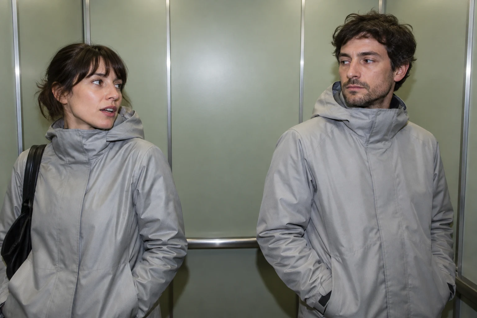 A woman and a man in pale gray hooded technical coats stand apart in a muted green-gray elevator, exchanging glances; a black shoulder bag hangs from the…