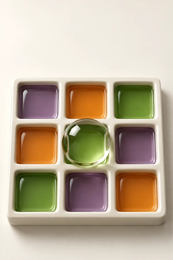 A glossy ivory ceramic tray holds nine square wells of violet, orange, and green liquid in a three-by-three grid.