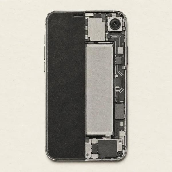 A vertically oriented smartphone is shown from above on an ivory textured background, with a dark screen on the left and exposed internal components, including…