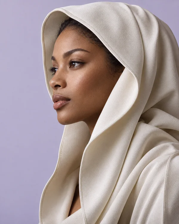 A close-up fashion portrait of a woman with warm brown skin wearing an ivory hooded cape with broad, sculptural folds and a fine textured surface, against a…