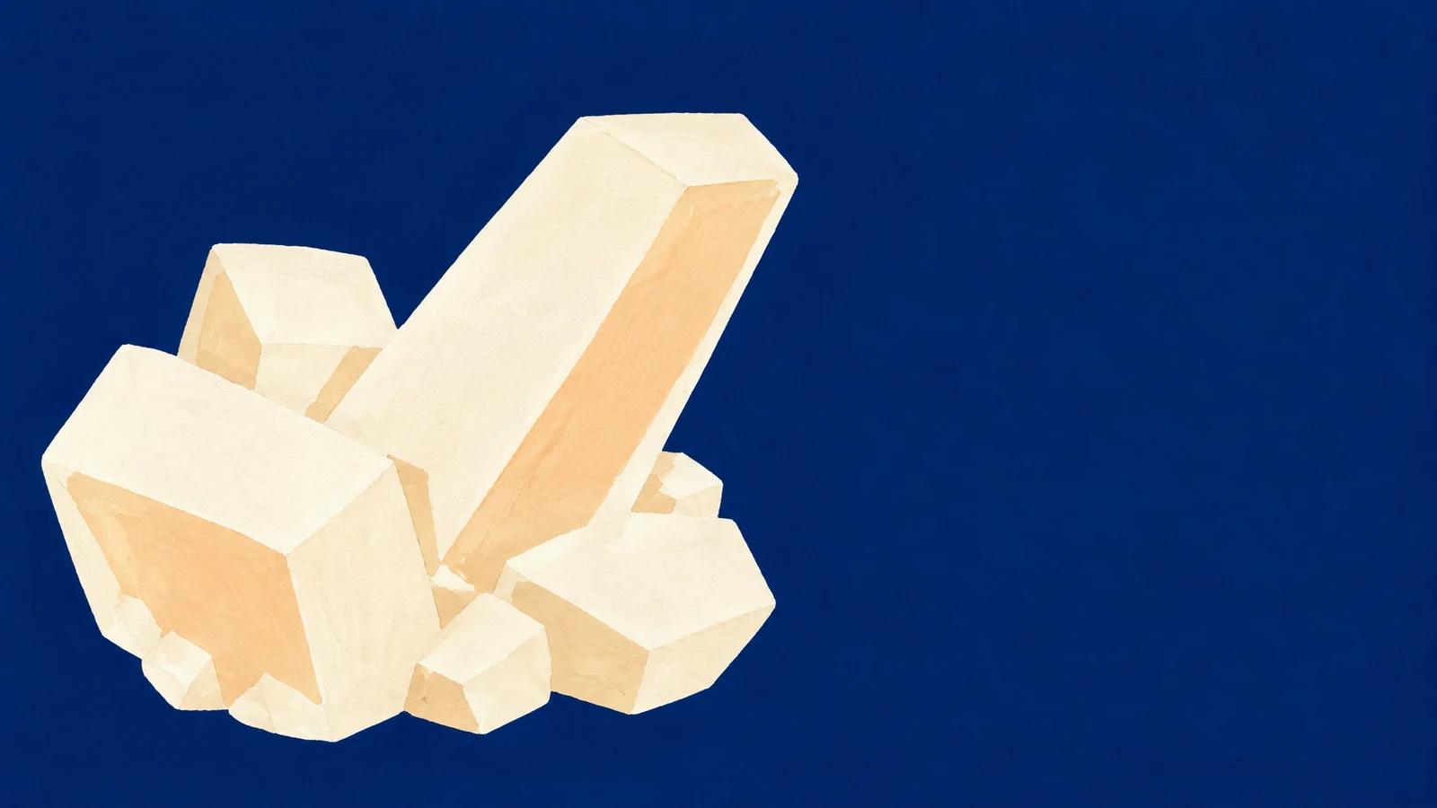 A large ivory cluster of angular block-like crystals sits on the left against a deep ink-blue background, with one elongated crystal leaning diagonally upward…