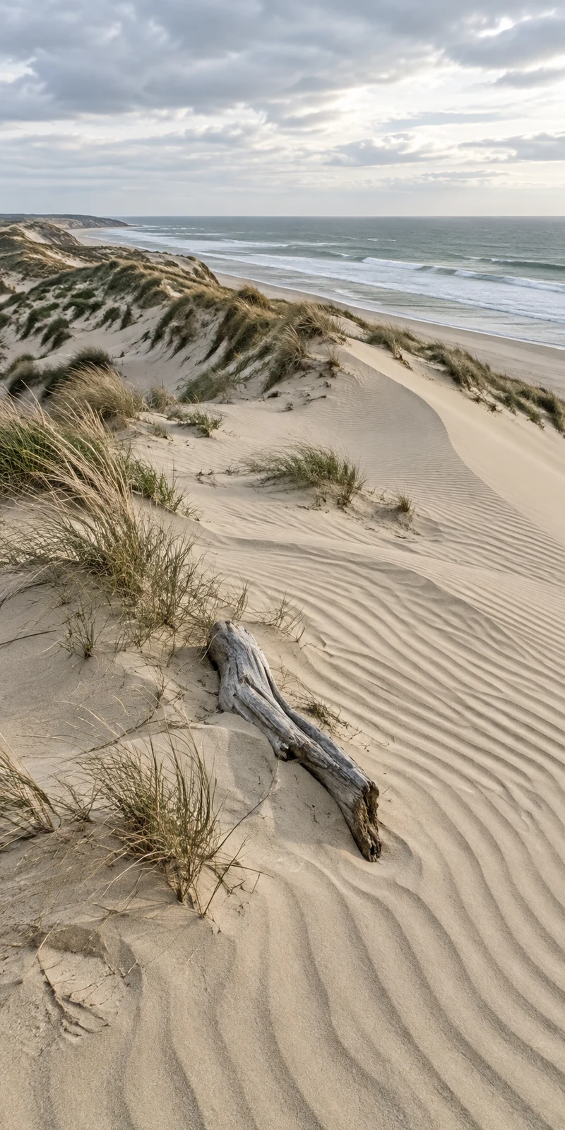 A weathered driftwood branch lies partly buried among wind-rippled sand and marram grass on a coastal dune, with a curving shoreline, grey-green sea and…