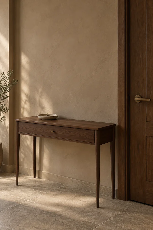 A slim walnut console with a shallow drawer and a cream ceramic dish stands against a warm plaster wall beside a dark timber entrance door with a bronze lever.