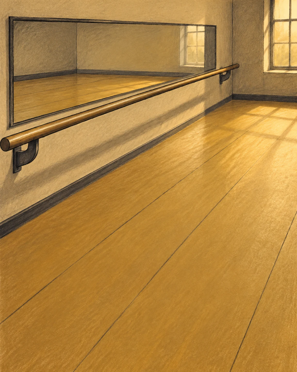 An empty warm-toned dance rehearsal studio with a long wooden ballet barre mounted diagonally along the left wall, a broad wall mirror, sunlit windows and a…