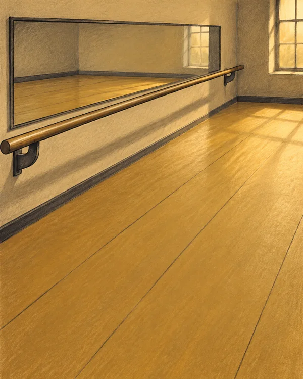 An empty warm-toned dance rehearsal studio with a long wooden ballet barre mounted diagonally along the left wall, a broad wall mirror, sunlit windows and a…