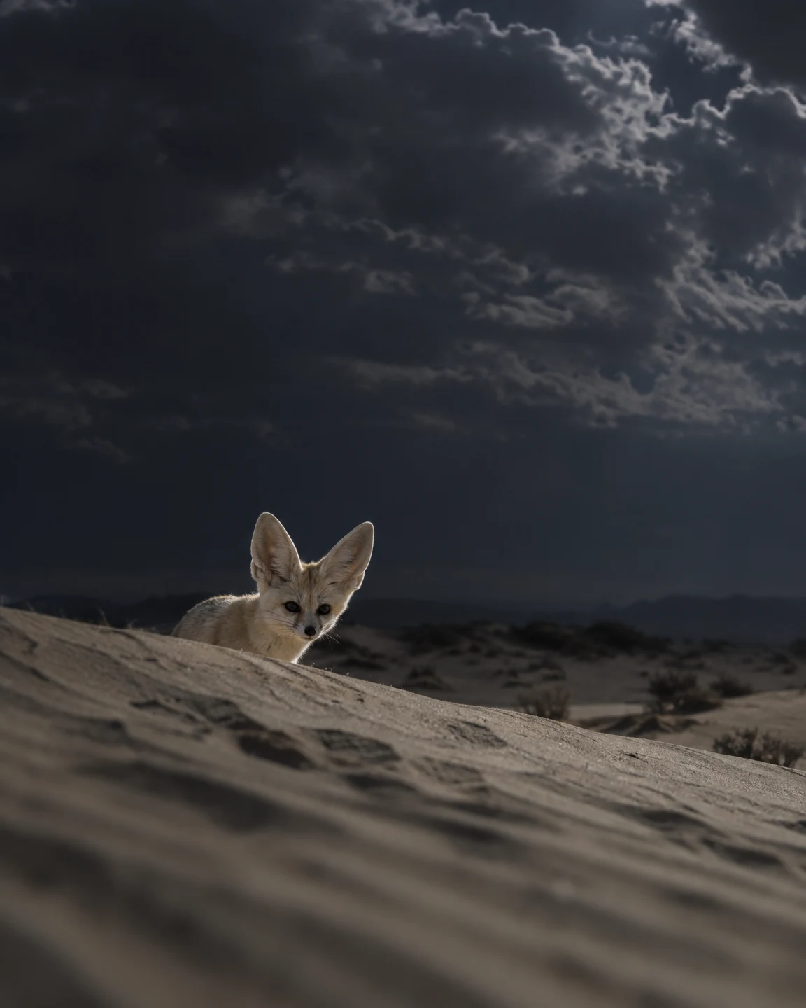 A fennec fox peers over a diagonally sloping desert dune beneath a dark, clouded night sky, with blurred sand in the foreground.