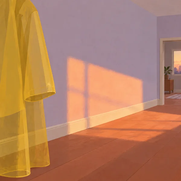 A translucent yellow raincoat hangs in the left foreground of a lavender hallway, where a broad peach sunset patch falls across the wall and terracotta floor…