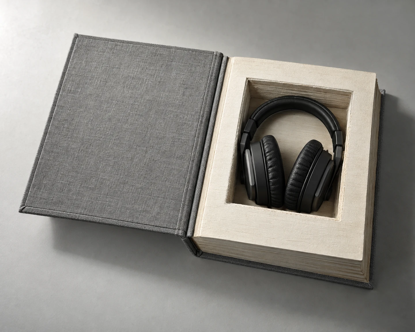 An open grey fabric-covered book lies on a pale grey surface, with black folded headphones set inside a rectangular recess cut into its ivory pages.