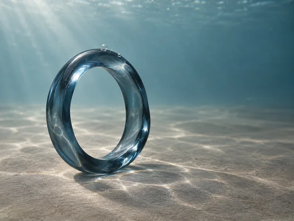A smoke-blue glass bangle stands upright on a textured taupe floor underwater, with three small bubbles on its upper edge and bright caustic patterns across…