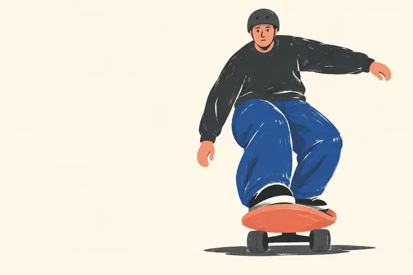 A helmeted skateboarder in a charcoal sweatshirt and oversized cobalt trousers rides a coral skateboard toward the viewer against a plain cream background…