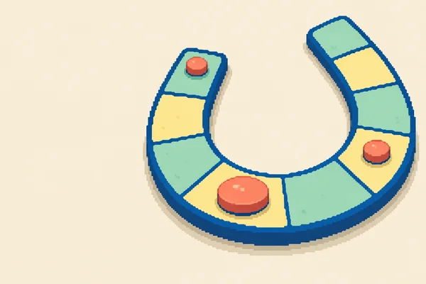A pixel-style horseshoe-shaped game board with mint and butter-yellow spaces sits on a warm ivory tabletop.