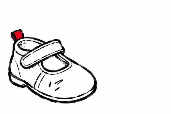 A white baby shoe with a broad rounded toe and single fastening strap, drawn in thick uneven black marker lines; a solid red heel tab stands out against the…