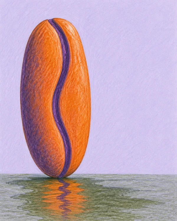 A very tall orange coffee bean stands upright on a small rounded end on a green, rippled wet surface, with a broad violet winding crease and an orange…