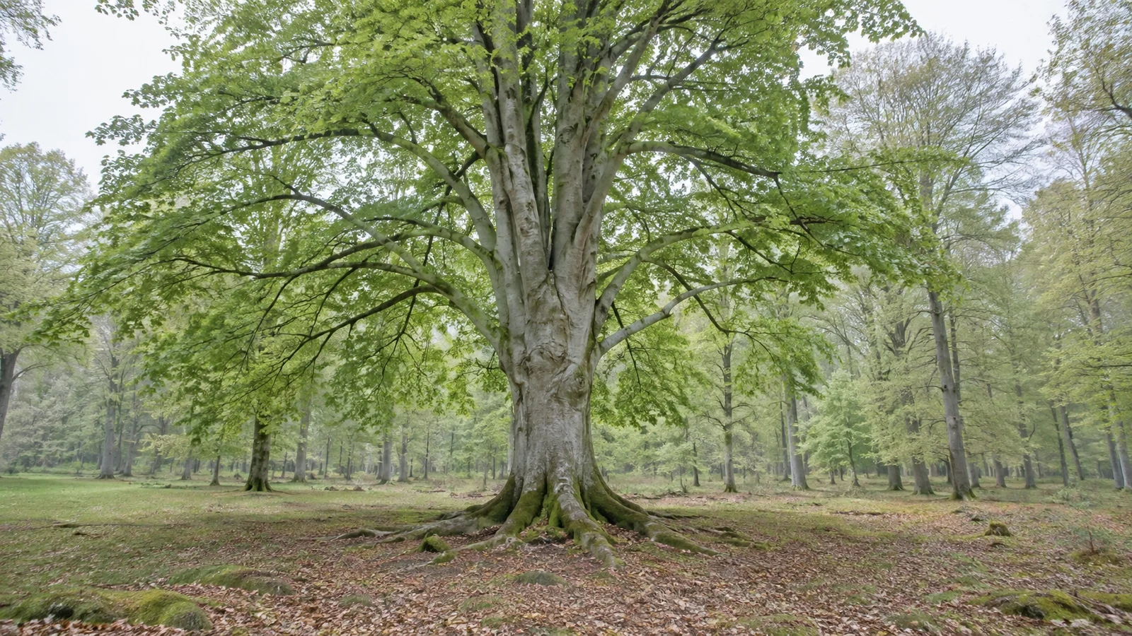 A large silver-grey tree with broad exposed roots stands in a leafy woodland glade, surrounded by other trees and a ground of grass and fallen leaves.