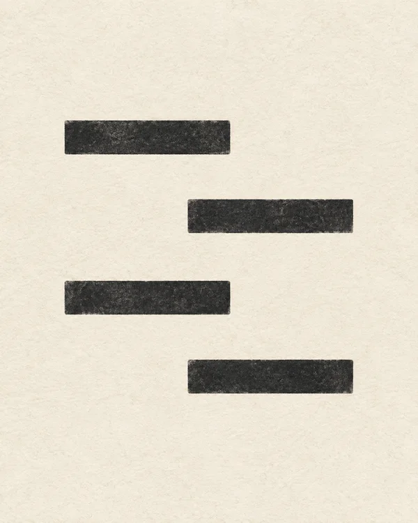 Four textured charcoal horizontal bars alternate between left and right positions on a warm ivory, visibly grained background, with broad open space around…