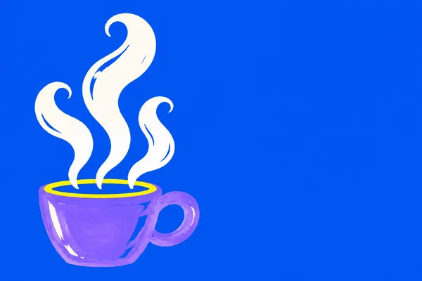 A violet cup with a wide yellow-rimmed opening sits in the lower left, with three tall curling white steam ribbons rising above it against a vivid blue…