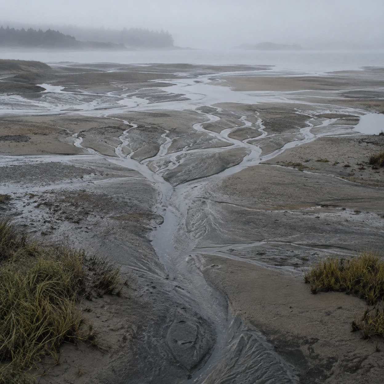 A narrow silver stream branches across dark wet mud and pale sand on a misty estuary flat, with tufts of sedge in the foreground and a fading shoreline in the…