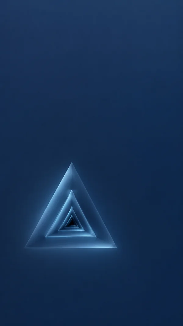 A glowing triangular tunnel made of nested translucent blue forms sits below centre in a deep dusk-blue field, with softly illuminated beveled edges and a…