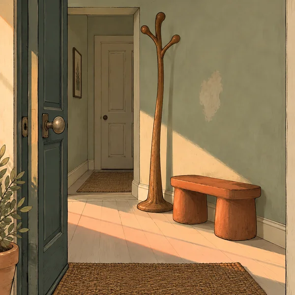 A warm-toned editorial illustration of an entry hall seen through an open dark door, with a tall crooked wooden coat stand, a low terracotta bench, a closed…