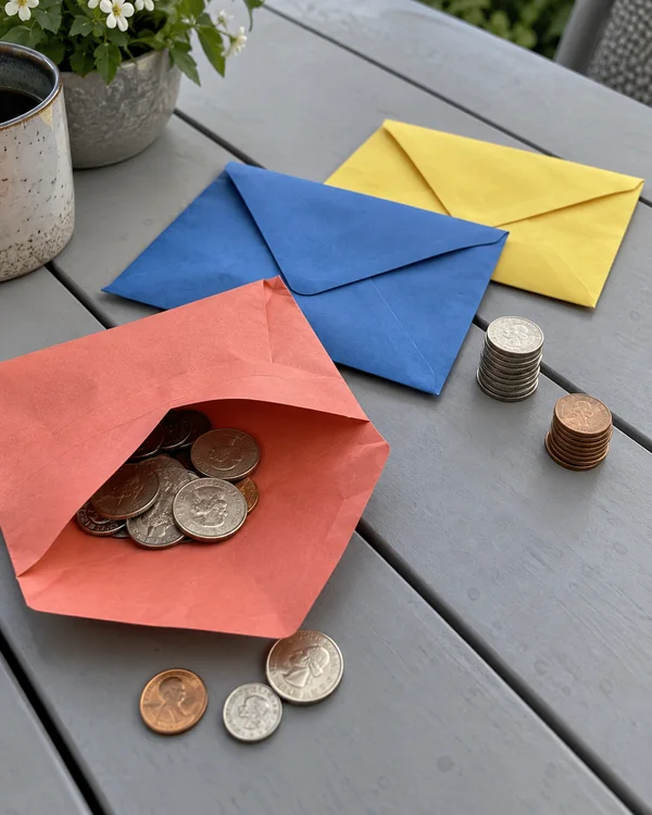Three coral, blue and yellow paper envelopes lie on a grey slatted patio table.