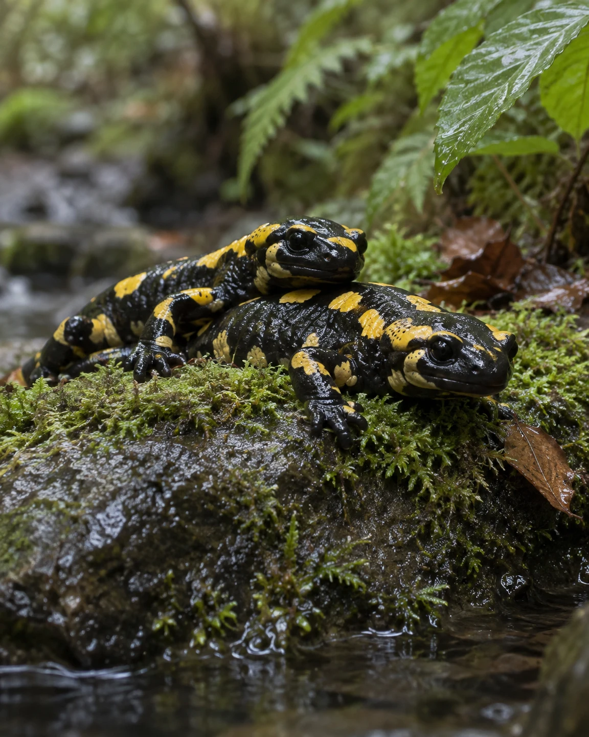 Two glossy black-and-yellow fire salamanders rest close together on a wet moss-covered rock beside a woodland stream, with one animal’s chin resting on the…