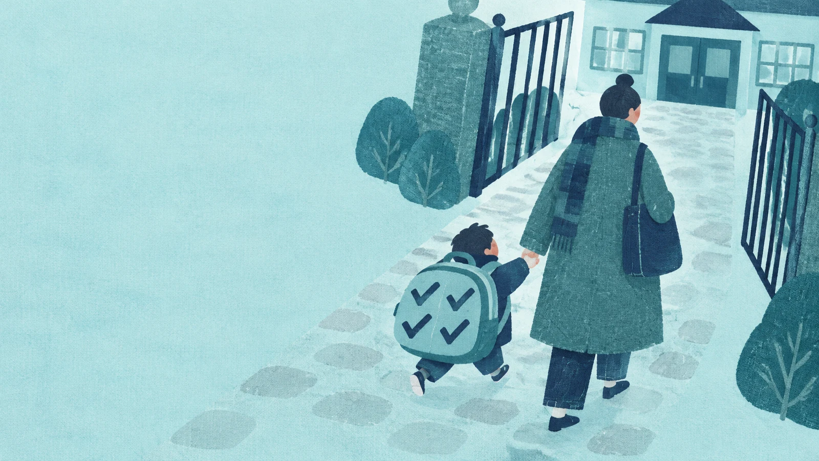 A parent in a long teal coat walks hand in hand with a small child carrying a large aqua backpack marked with four navy checks, along a patterned path through…