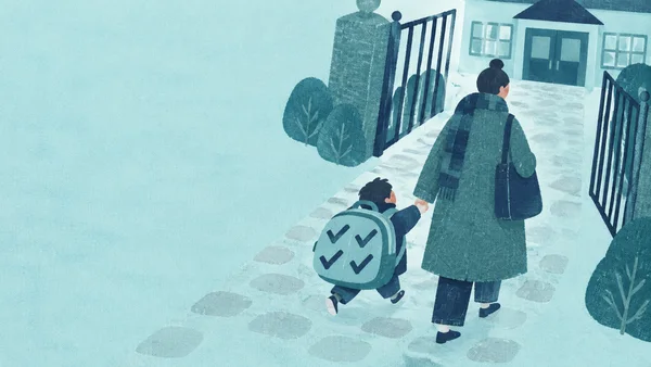 A parent in a long teal coat walks hand in hand with a small child carrying a large aqua backpack marked with four navy checks, along a patterned path through…