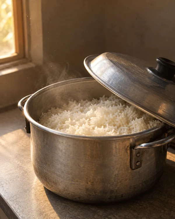 A well-used aluminium pot filled with white rice sits on a kitchen counter, its lid resting diagonally across the opening as steam rises in warm window light.