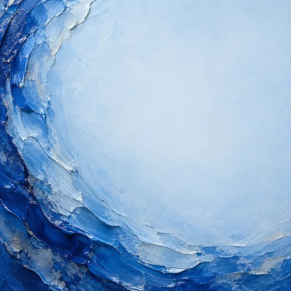 Abstract blue impasto painting with a broad, layered crescent of raised paint sweeping down the left edge and across the bottom, surrounding a spacious pale…