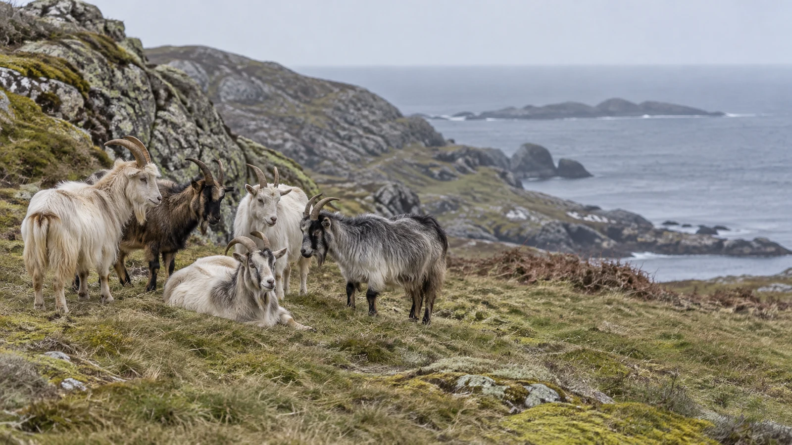 Five shaggy goats, four standing and one lying in the grass, gather on a rocky coastal hillside with grey sea and distant islands behind them.