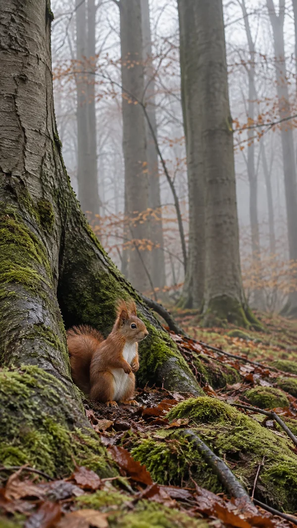 A russet red squirrel sits upright among moss-covered beech roots and copper leaves in a misty forest, looking to the right beneath tall grey trunks.