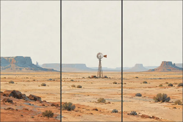 A small rusted windpump stands in the middle panel of a three-panel desert panorama, with pale sand flats, sparse shrubs, distant mesas and a broad light sky.