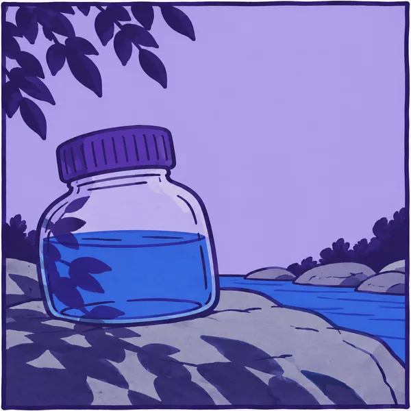 A large clear sample jar with a violet screw cap and cobalt-blue water sits on a gray streamside rock.