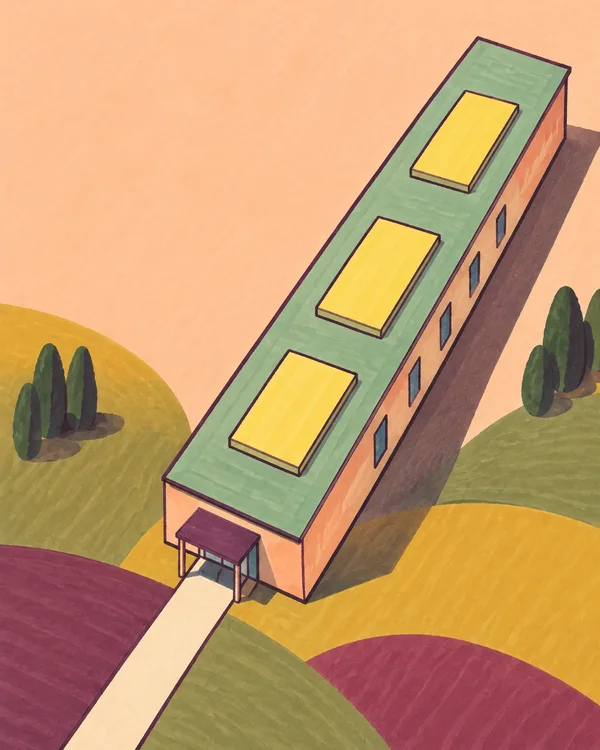A long, narrow peach-colored building with a mint-green roof and three yellow skylights sits diagonally across a stylized landscape.
