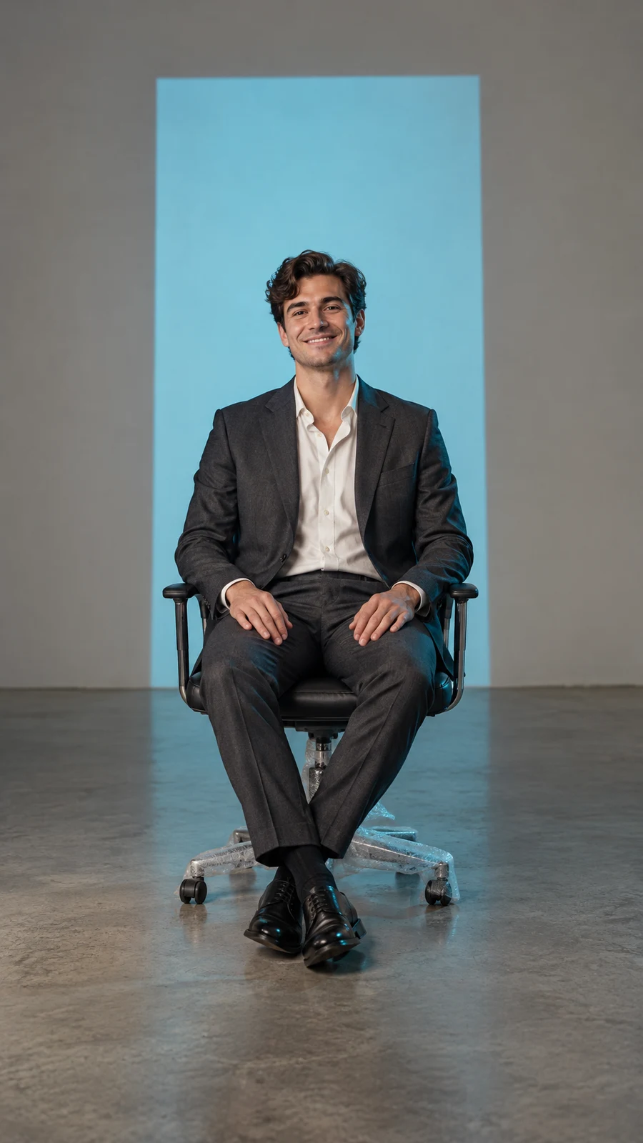A smiling man in a charcoal suit and open-collar white shirt sits facing the camera in a black office chair, with his hands on his thighs and ankles crossed.
