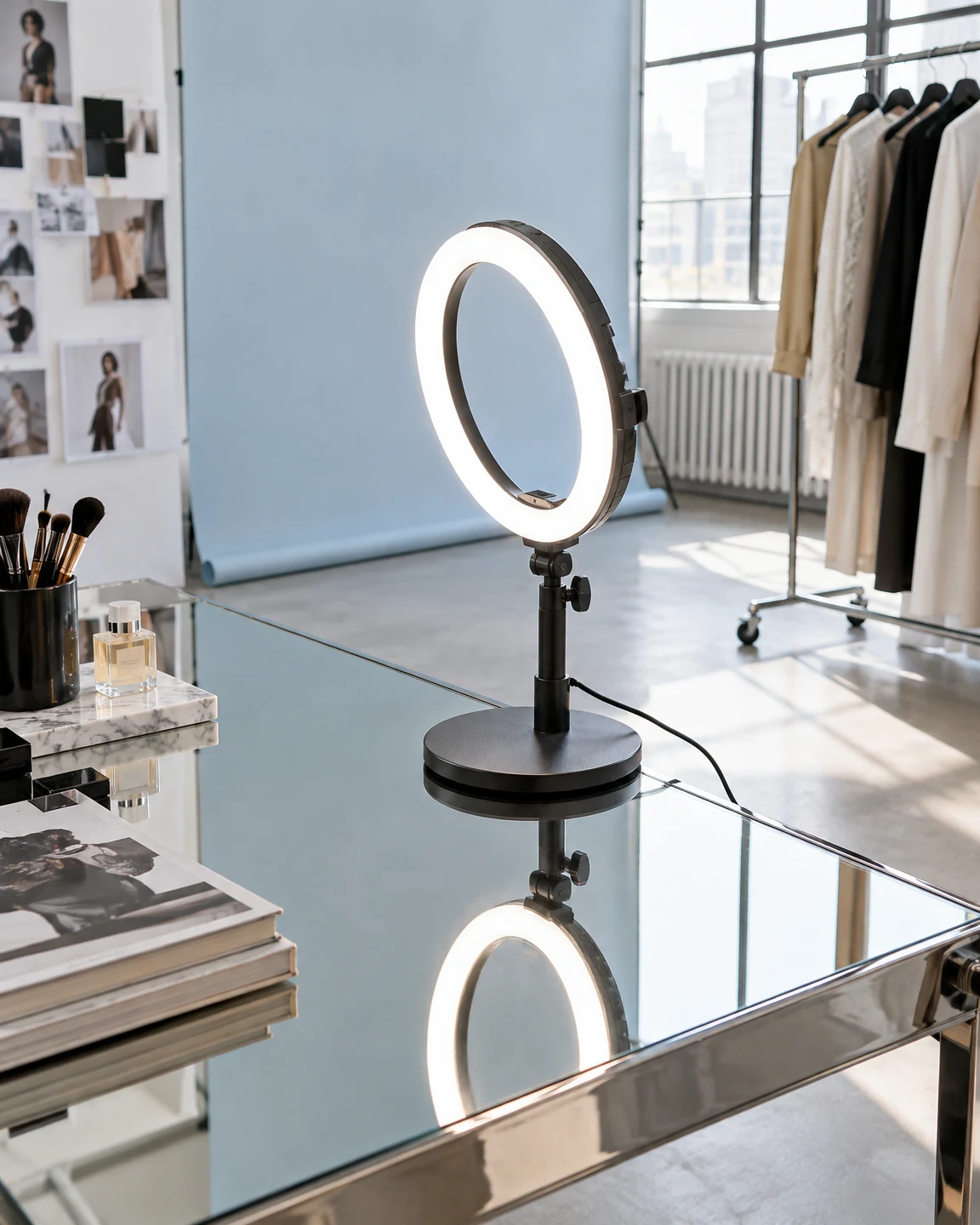 An illuminated ring light stands on a mirrored table in a bright fashion studio, with clothing on a rack, makeup brushes, fashion photographs and magazines…
