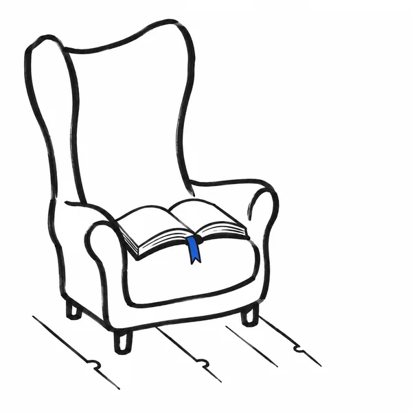 A tall-backed, rounded armchair with an open book and blue bookmark sits on a few sketched floorboard lines against a white background.