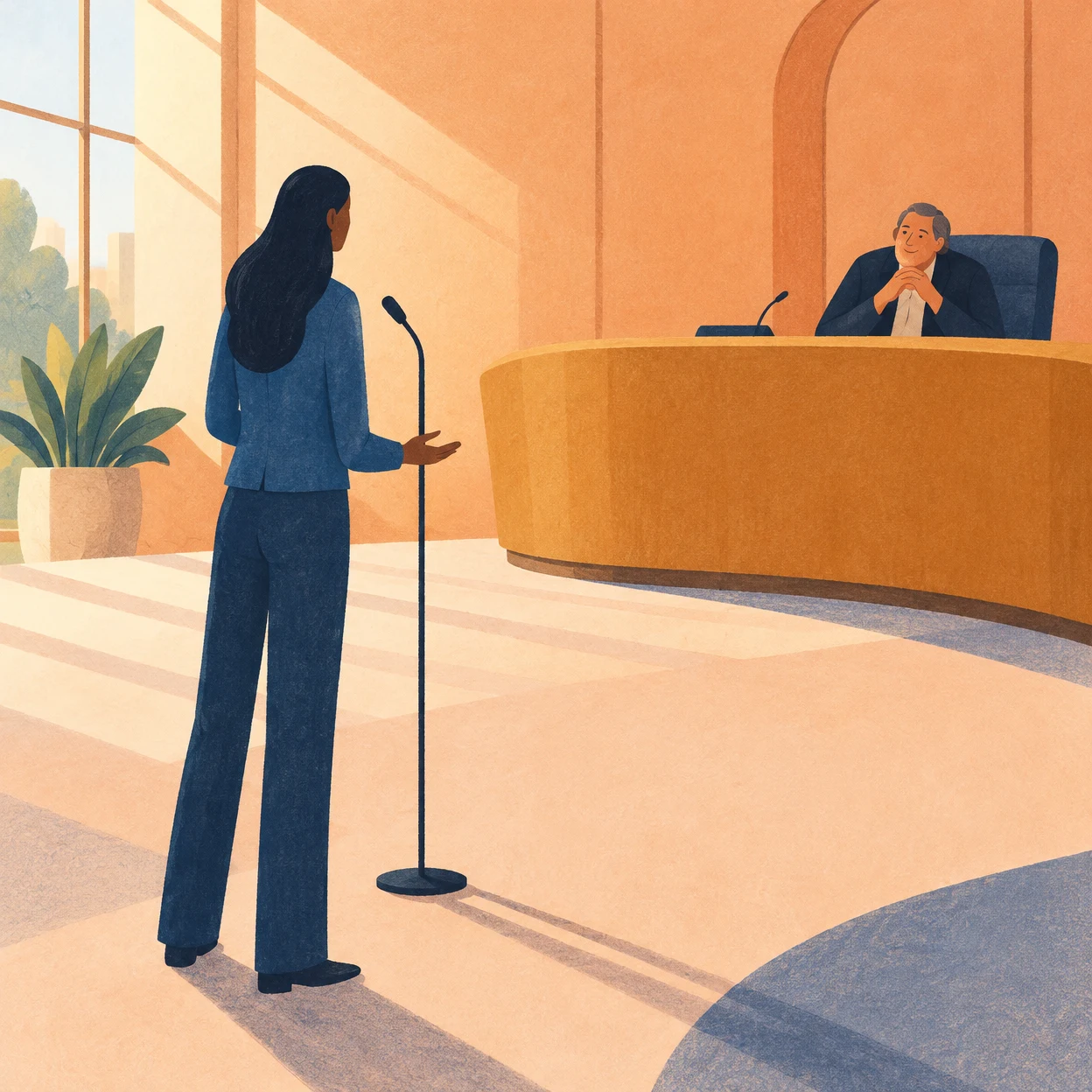 A blue-clad resident stands at a microphone in a warm peach hearing chamber, facing a seated civic listener behind a broad rounded ochre desk; window light…