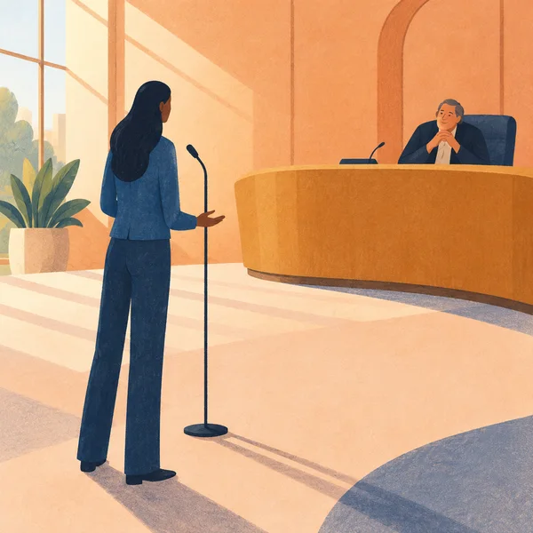 A blue-clad resident stands at a microphone in a warm peach hearing chamber, facing a seated civic listener behind a broad rounded ochre desk; window light…