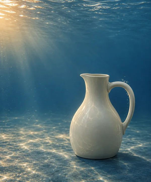 An ivory glazed ceramic carafe stands on a rippled blue tank floor underwater, with a loop handle, open pouring lip, and small bubbles clinging around the…