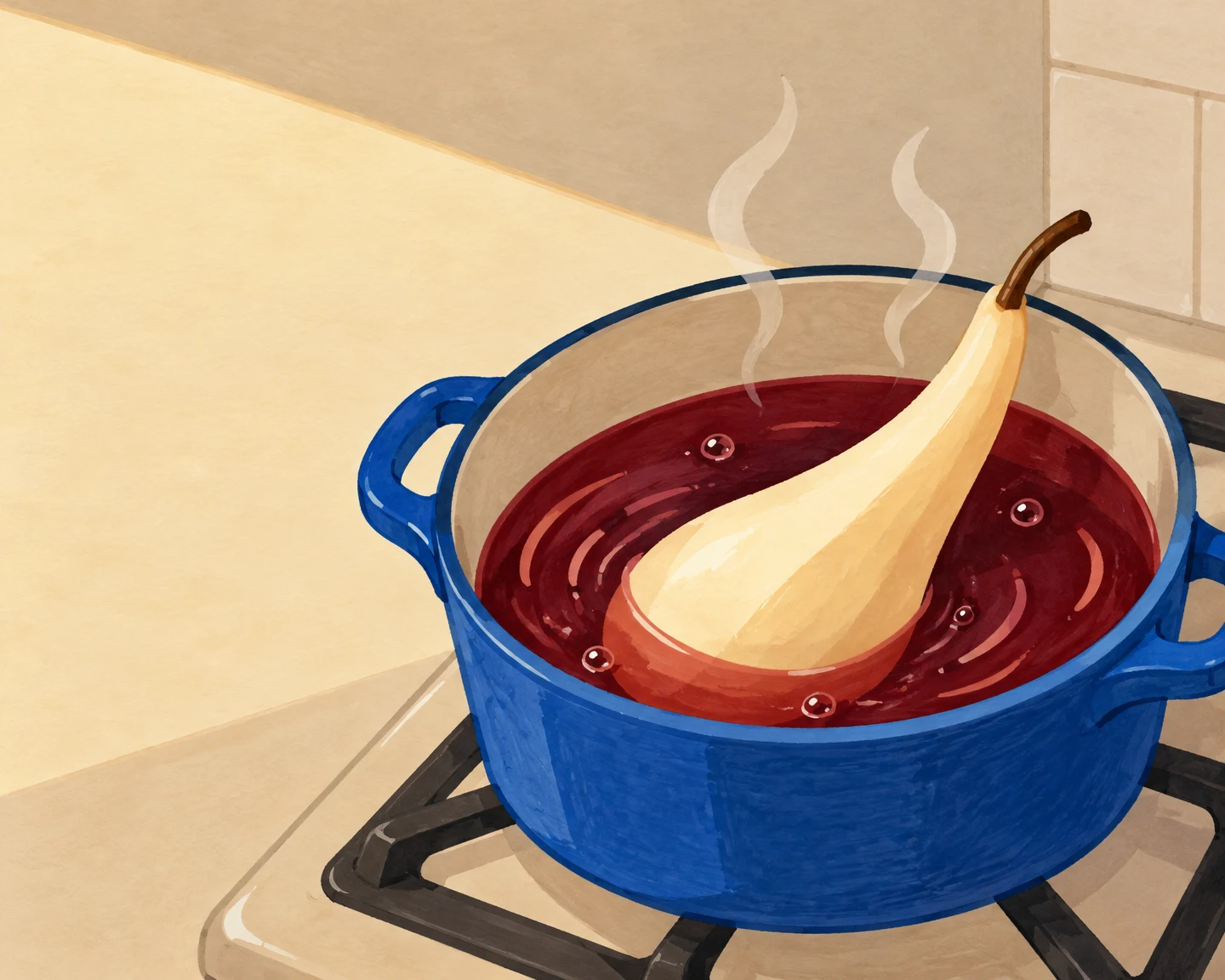 A long-necked ivory pear rests partly submerged in burgundy liquid inside a broad cobalt-blue saucepan on a cream stovetop, with curved ripples, small bubbles…