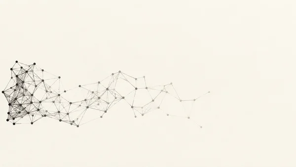 A dark-to-pale network of small round nodes and fine connecting lines stretches across the lower portion of a warm ivory background, with a dense cluster at…