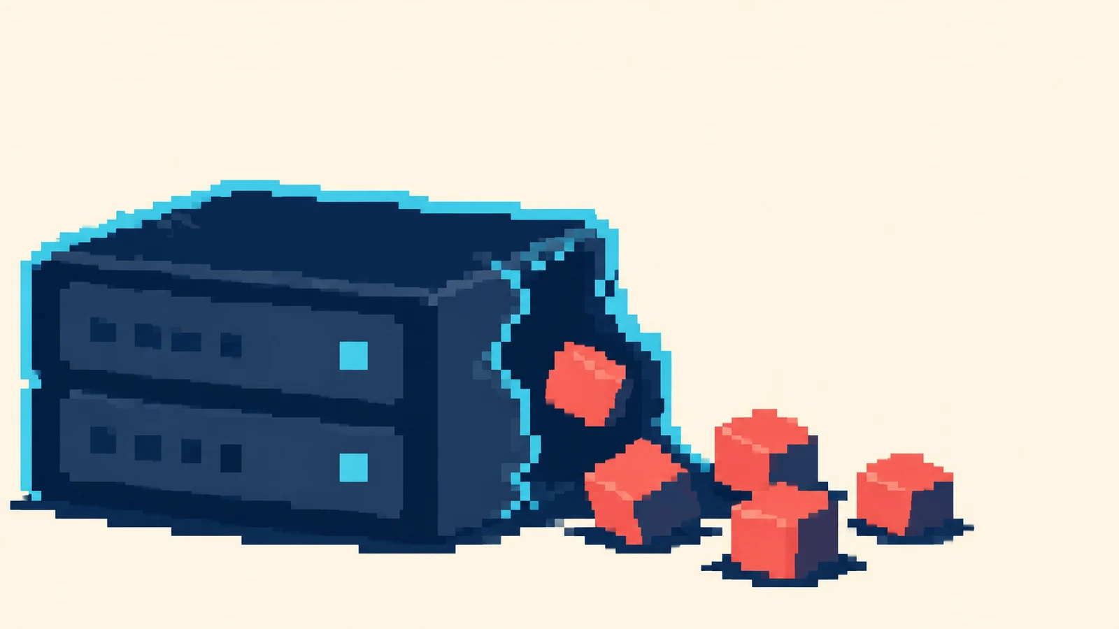 A chunky pixel-art navy server cabinet with two front panels and a jagged opening on its right side spills coral cubes onto a cream ground, outlined by cyan…